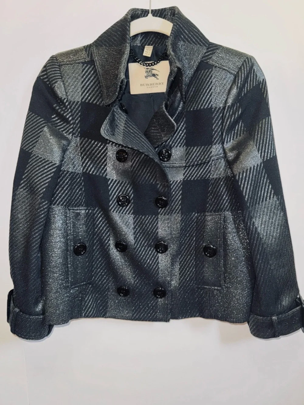 Burberry London Metallic Black & Gray Plaid Double-Breasted Jacket Blazer Coat - Picture 1 of 11